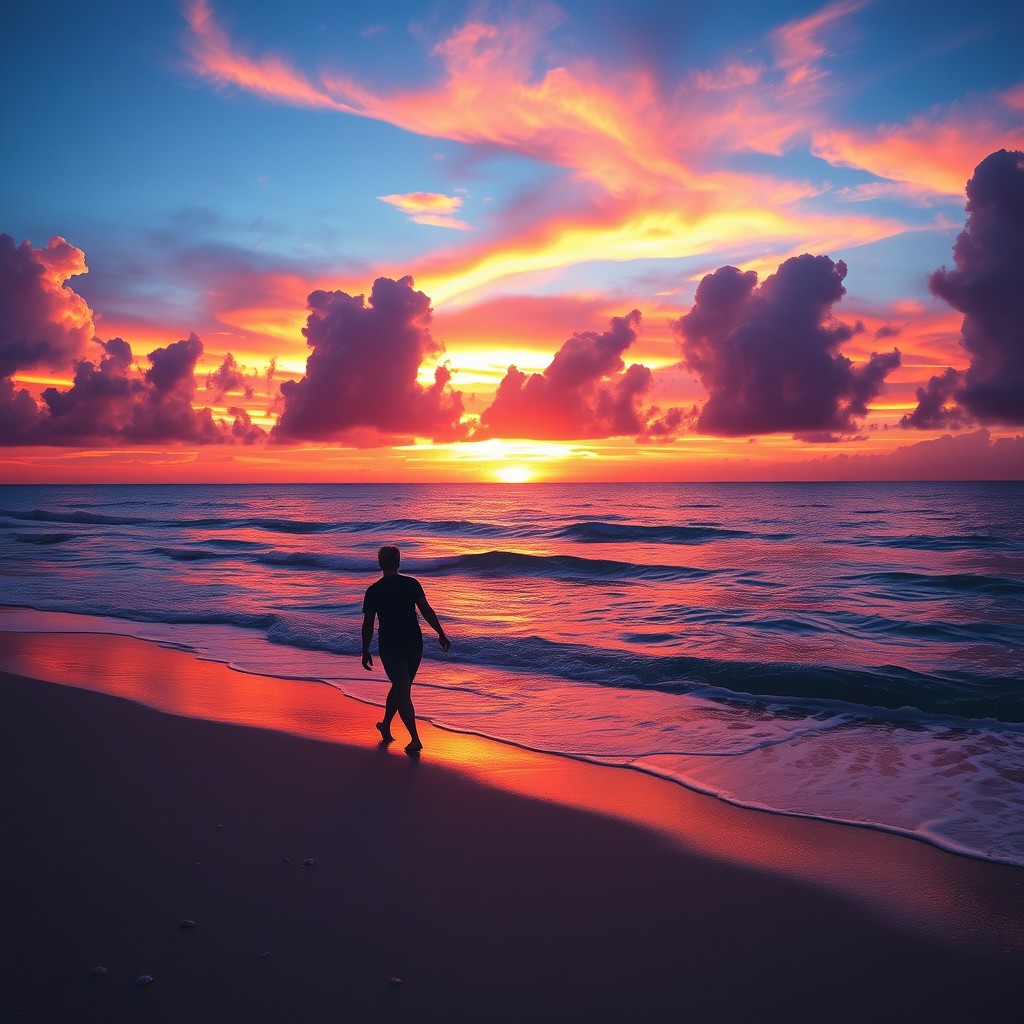 A vibrant, colorful sunset over the ocean with dramatic clouds reflecting hues of orange, pink, and purple