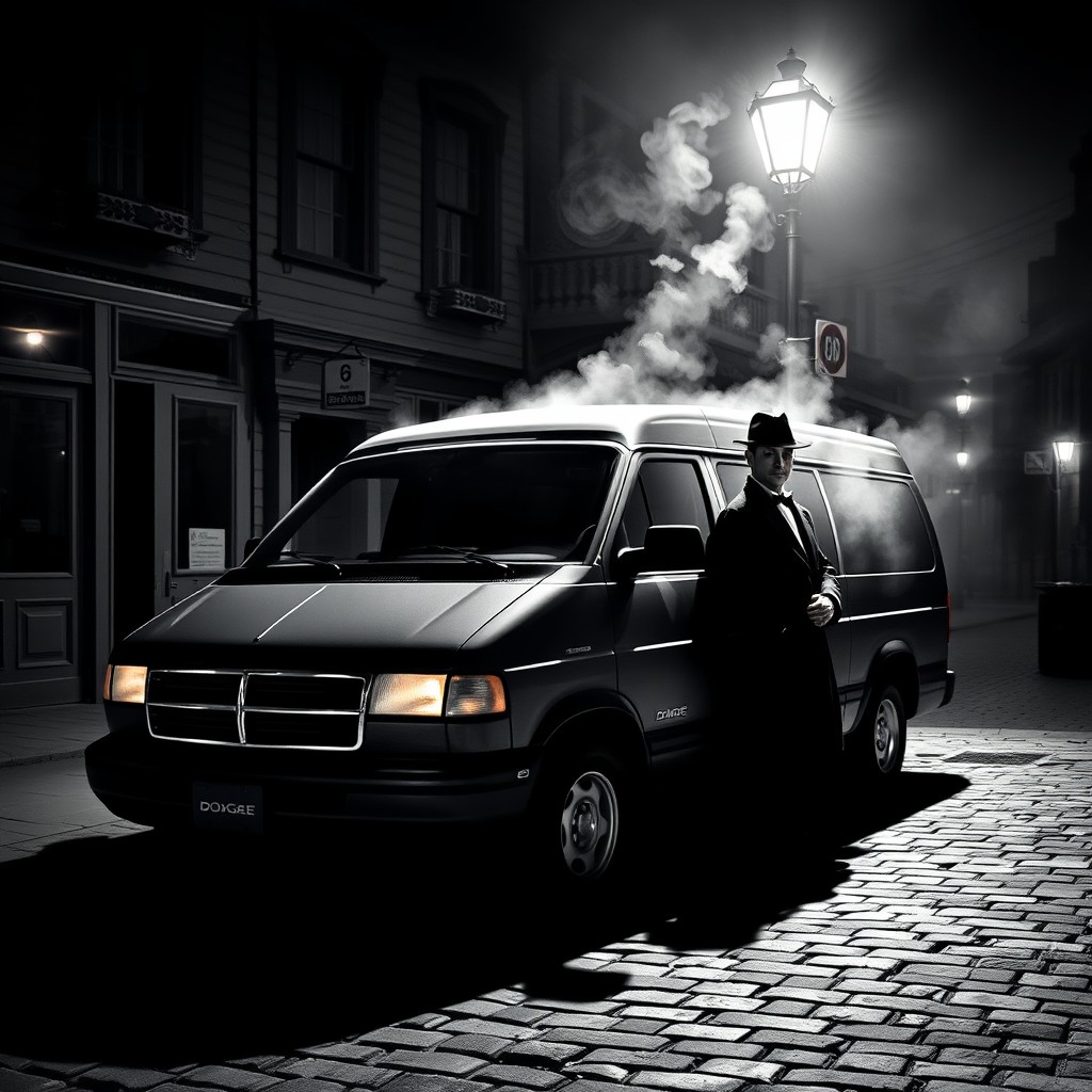 A 1997 Dodge Grand Caravan depicted in a classic mafia style setting