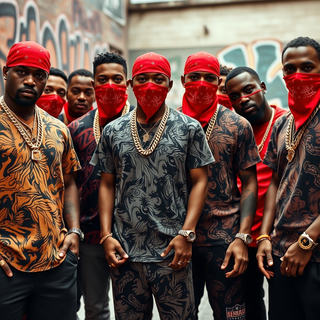 A full body image of a group of confident African-American gang members standing together