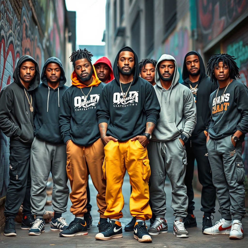A full body image of a group of strong African-American gang members standing confidently together