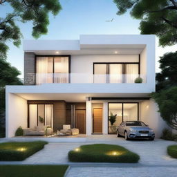 A contemporary two-story house covering an area of 200 square meters, displaying a well-balanced mix of elegance and comfort.