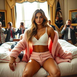 In a striking photorealistic composition set within the iconic Oval Office, an 18-year-old Arabic woman captivates with her slender physique, characterized by petite breasts, a tiny waist, and very wide hips