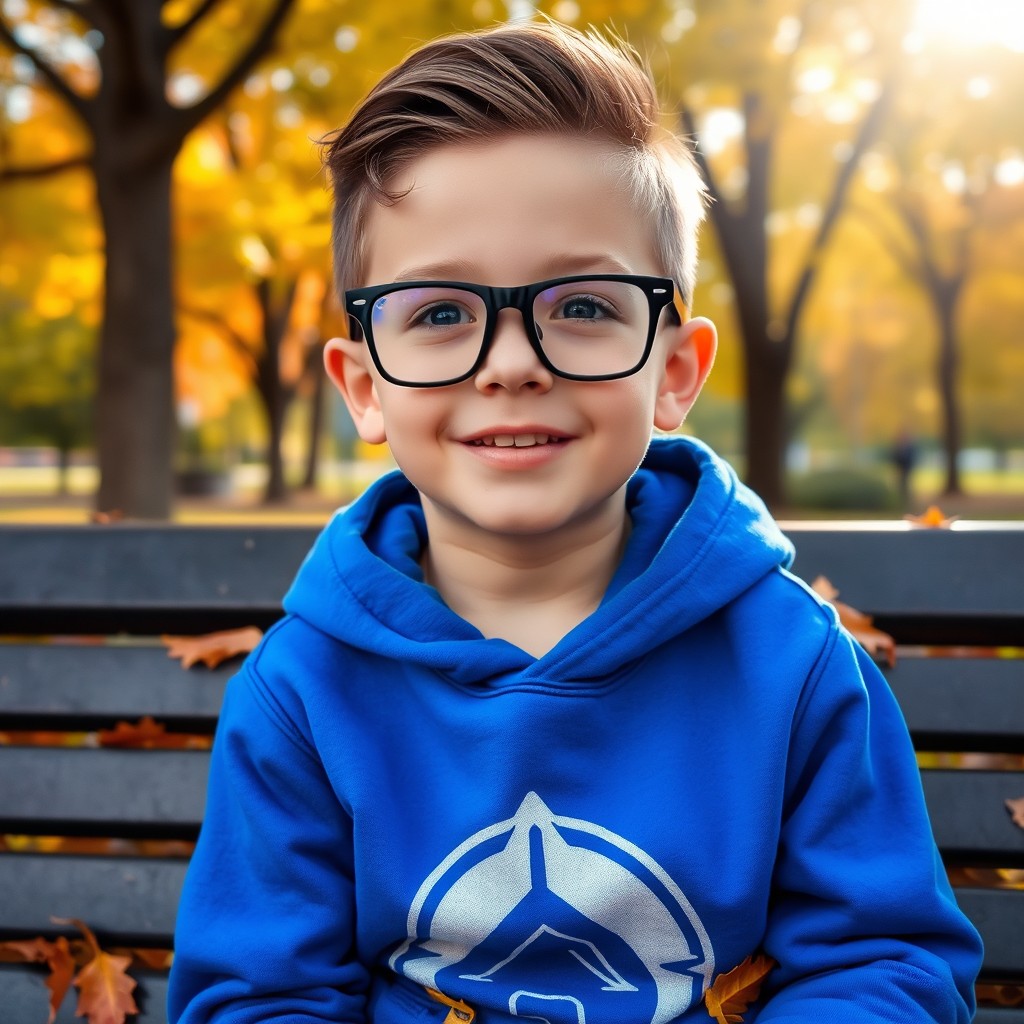A young boy wearing stylish glasses and a trendy hoodie, with an expression of curiosity and excitement