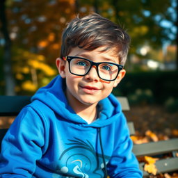 A young boy wearing stylish glasses and a trendy hoodie, with an expression of curiosity and excitement