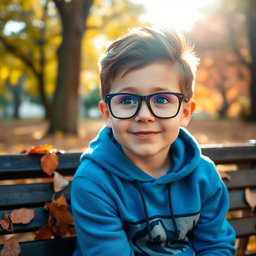 A young boy wearing stylish glasses and a trendy hoodie, with an expression of curiosity and excitement