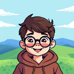 A pixel art character of a young boy wearing stylish glasses and a hooded sweatshirt