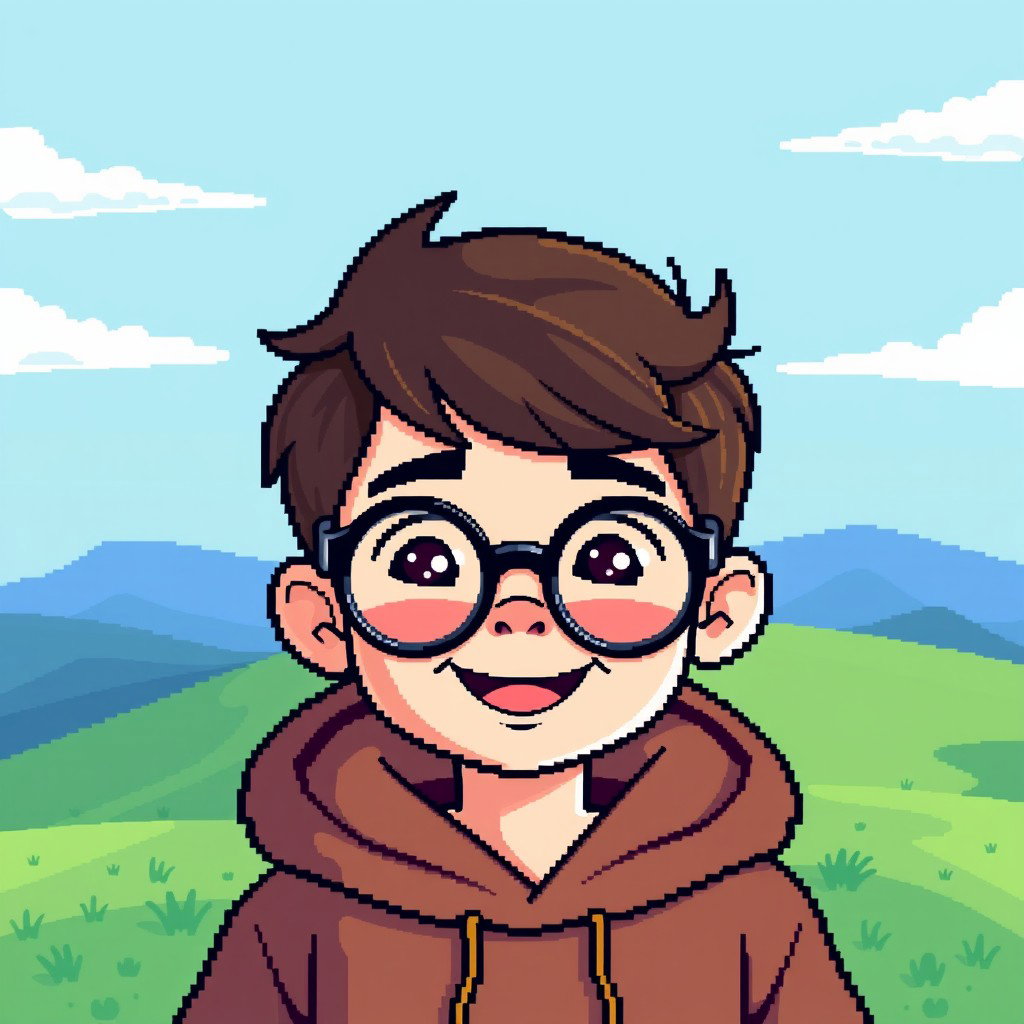 A pixel art character of a young boy wearing stylish glasses and a hooded sweatshirt