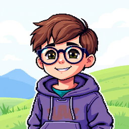 A pixel art character of a young boy wearing stylish glasses and a hooded sweatshirt