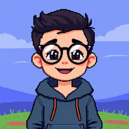 A pixel art character of a young boy wearing stylish glasses and a hooded sweatshirt
