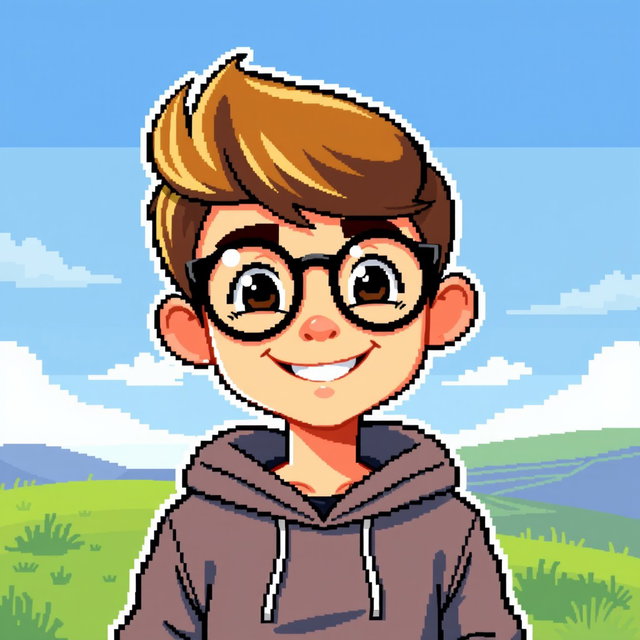A pixel art character of a young boy wearing stylish glasses and a hooded sweatshirt