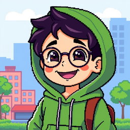 A pixel art character of a young boy with round glasses and a hood pulled up over his head