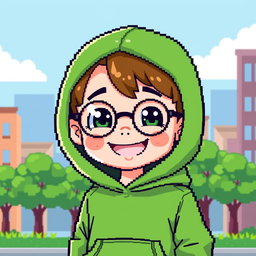 A pixel art character of a young boy with round glasses and a hood pulled up over his head