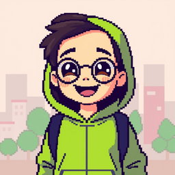 A pixel art character of a young boy with round glasses and a hood pulled up over his head