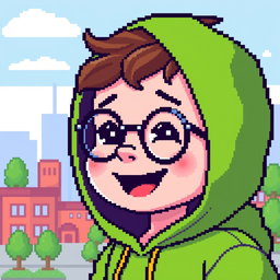 A pixel art character of a young boy with round glasses and a hood pulled up over his head