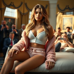 In a stunning photorealistic scene set within the iconic Oval Office, an 18-year-old Arabic woman captivates with her slender, petite build, characterized by slender breasts, a tiny waist, and very wide hips