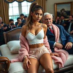 In a captivating photorealistic scene set in the iconic Oval Office, an 18-year-old Arabic woman radiates beauty with her thin, petite figure featuring slim breasts, a tiny waist, and very wide hips