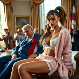 In a captivating photorealistic scene set in the iconic Oval Office, an 18-year-old Arabic woman radiates beauty with her thin, petite figure featuring slim breasts, a tiny waist, and very wide hips
