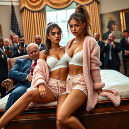 In a captivating photorealistic scene set in the iconic Oval Office, an 18-year-old Arabic woman radiates beauty with her thin, petite figure featuring slim breasts, a tiny waist, and very wide hips