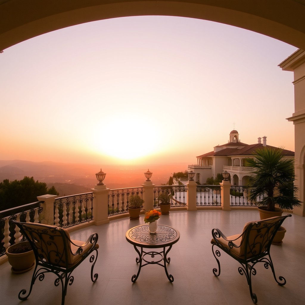 A stunning view of the sun rising on the horizon from a spacious terrace of a grand villa