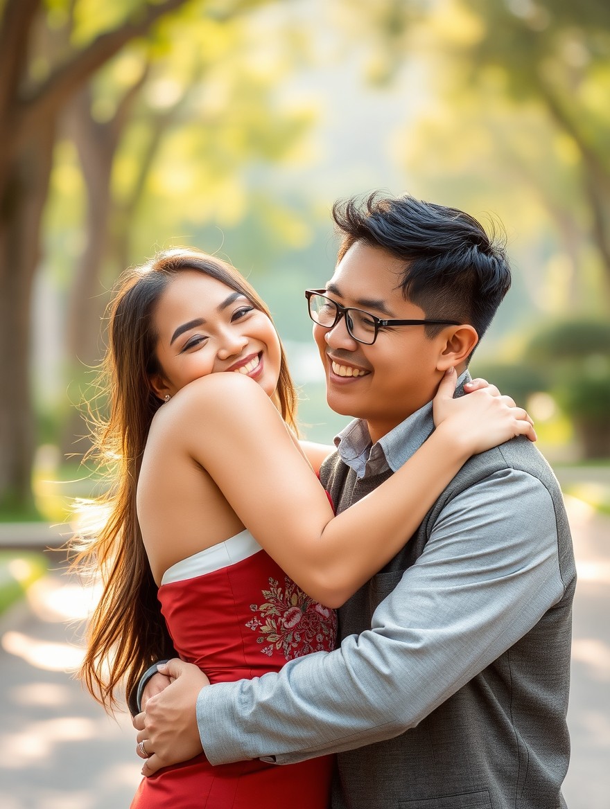 A beautiful Indonesian woman with an attractive physique, embracing an Indonesian man in a warm and affectionate pose