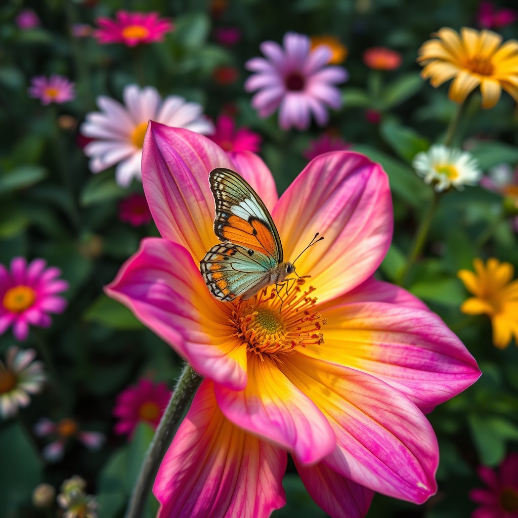 A beautiful close-up shot of a vibrant flower with intricate details and bright colors, surrounded by a delicate butterfly with colorful wings resting gracefully on the petals