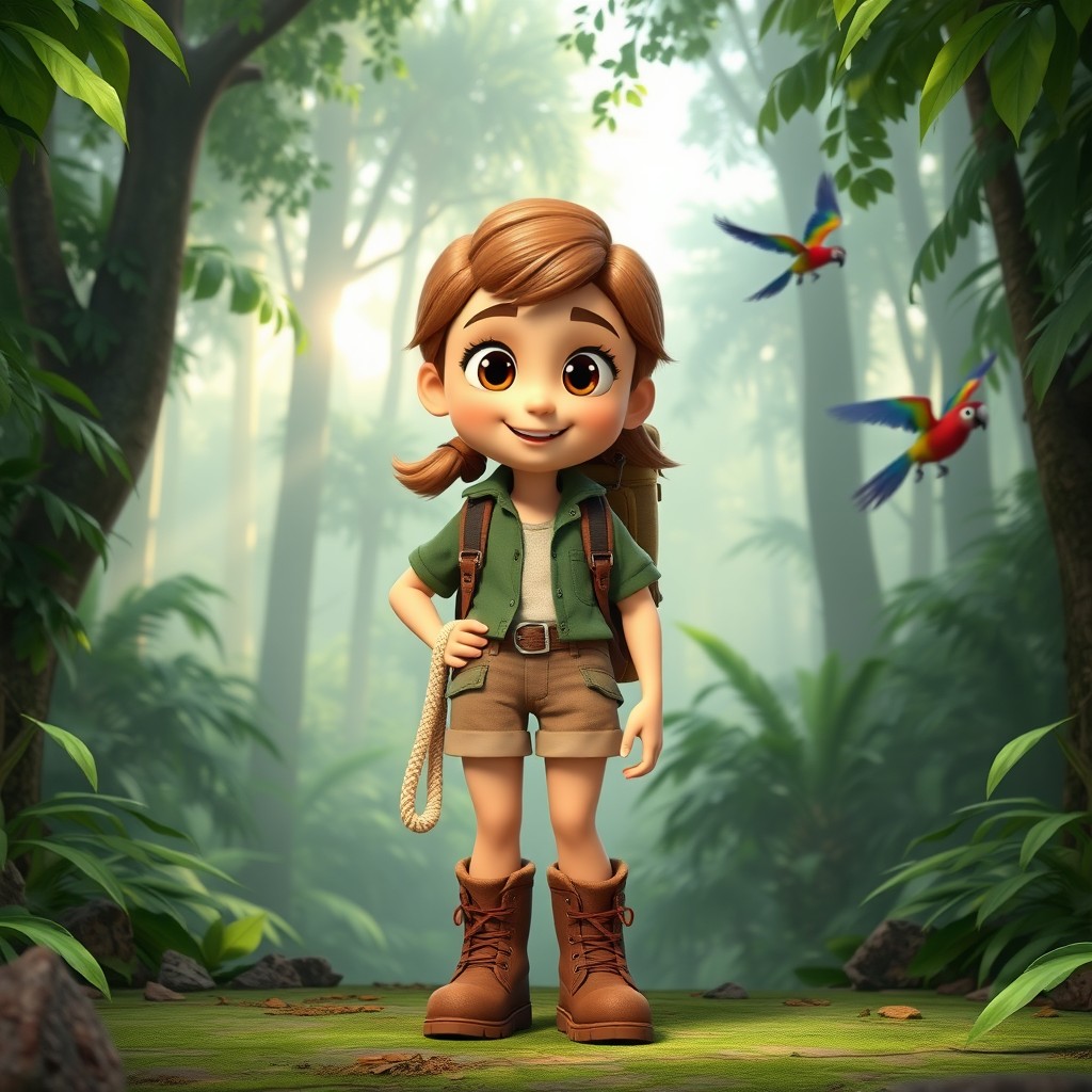 A 3D cartoon style adventurous girl standing in a dense green jungle, wearing a mountain explorer outfit, featuring brown boots, khaki shorts, a green jacket, and a backpack with a rope slung over her shoulder