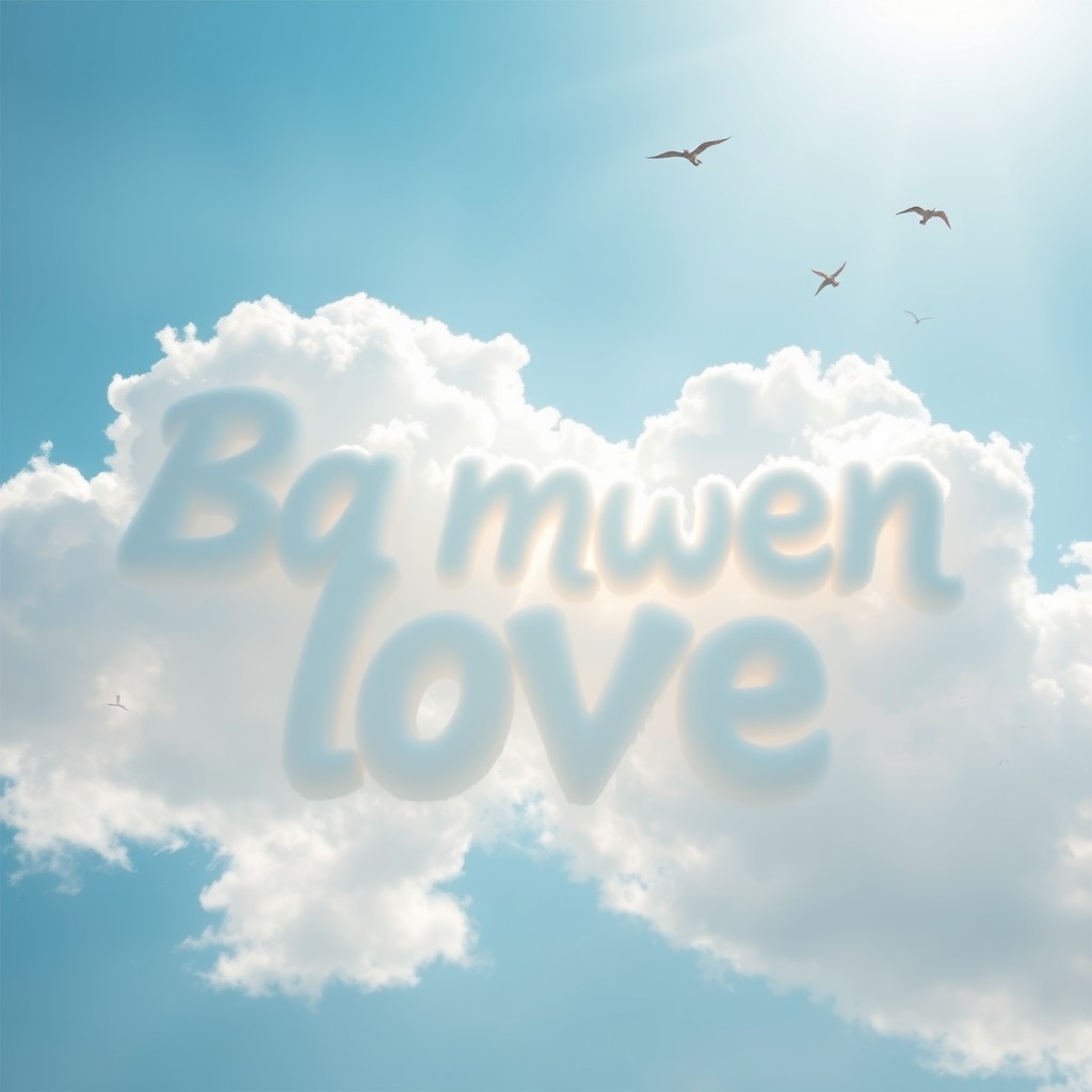 The phrase "Ba mwen love" written in fluffy, white cloud letters in a bright blue sky, with soft sunlight filtering through