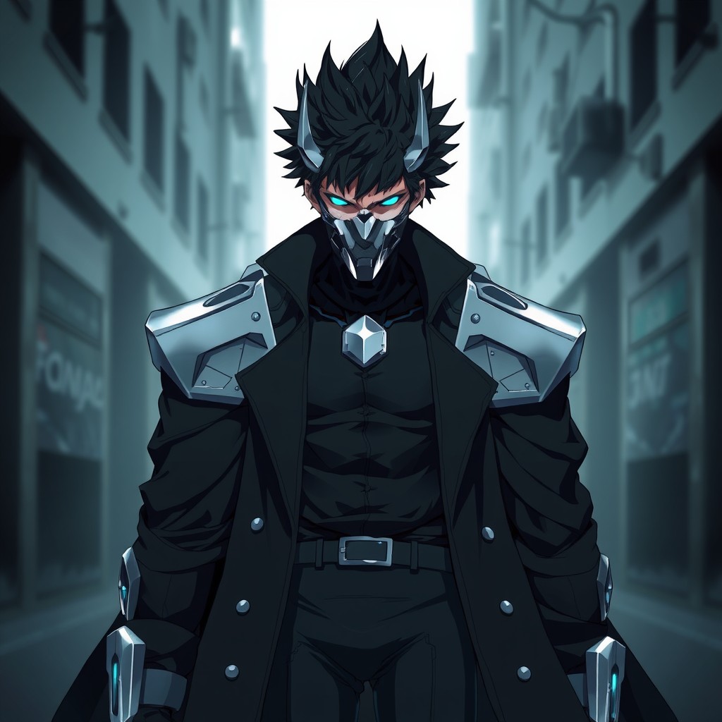 A male character inspired by the anime 'Shadow Garden of Eminence', wearing a long, reinforced black coat with striking shoulder metal platings that enhance his imposing appearance