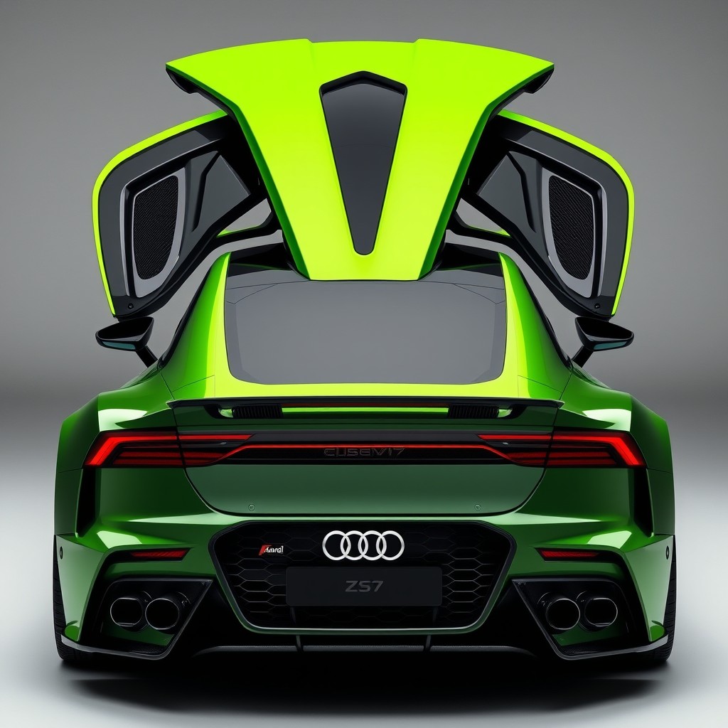 A highly stylized and aggressive Audi ZS7 concept car featuring a uniquely elevated rear design with a maximum curved V-shaped spoiler, incorporating tuned aerodynamic cuts and hinges for improved airflow