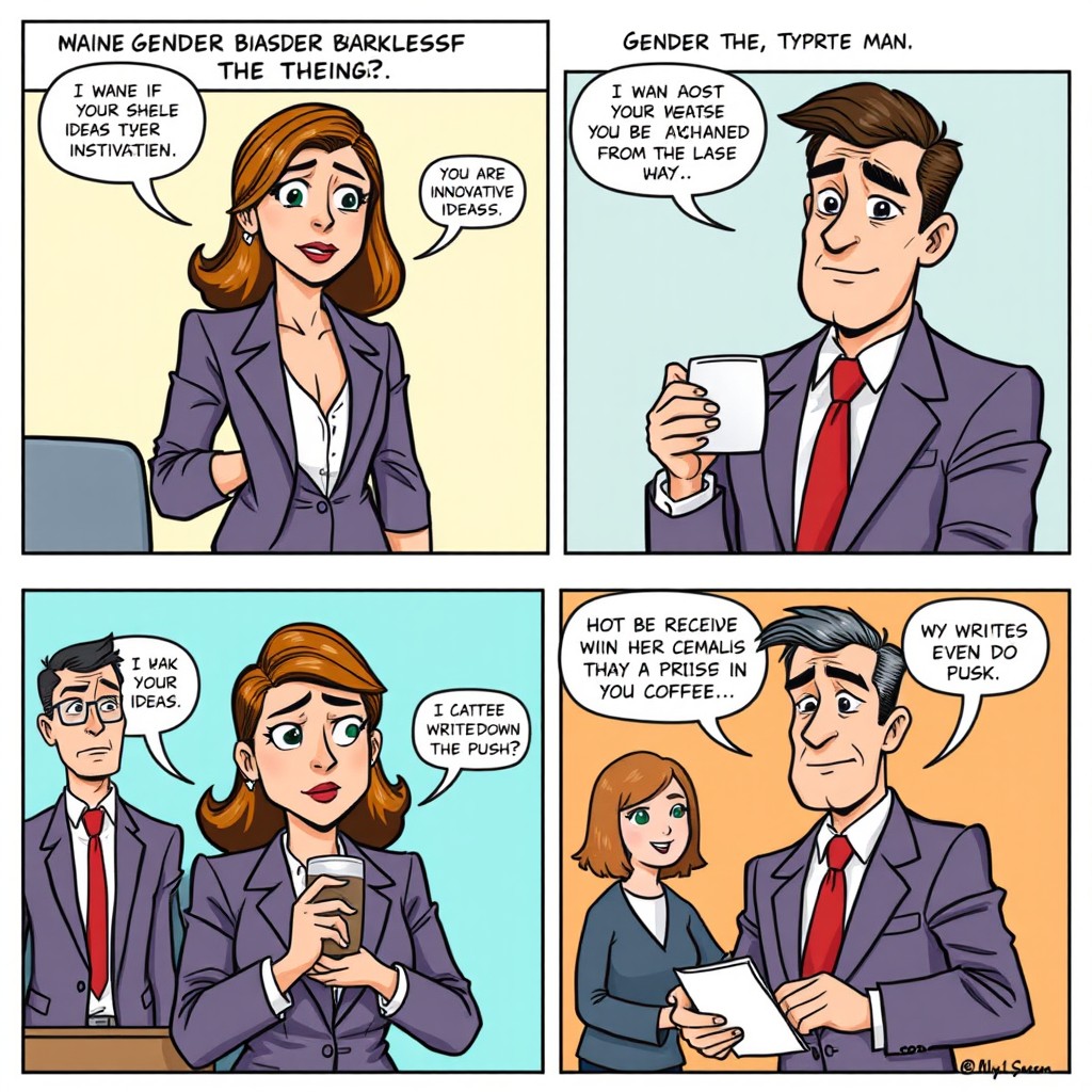 A comic strip illustrating gender bias in the workplace, featuring two main characters: a confident woman in a business suit and a man in a similar suit