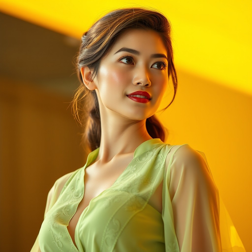 A high angle shot of a 30-year-old Javanese woman with a well-defined figure in a half-body photo