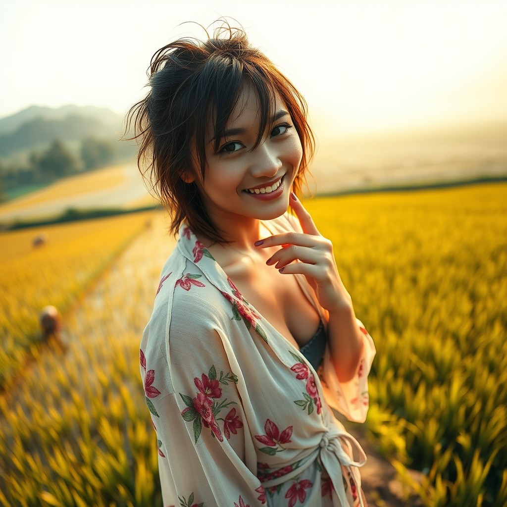 A high angle shot of a 35-year-old Javanese woman with a well-defined figure, standing on the edge of a rice field, captured from an upper side angle