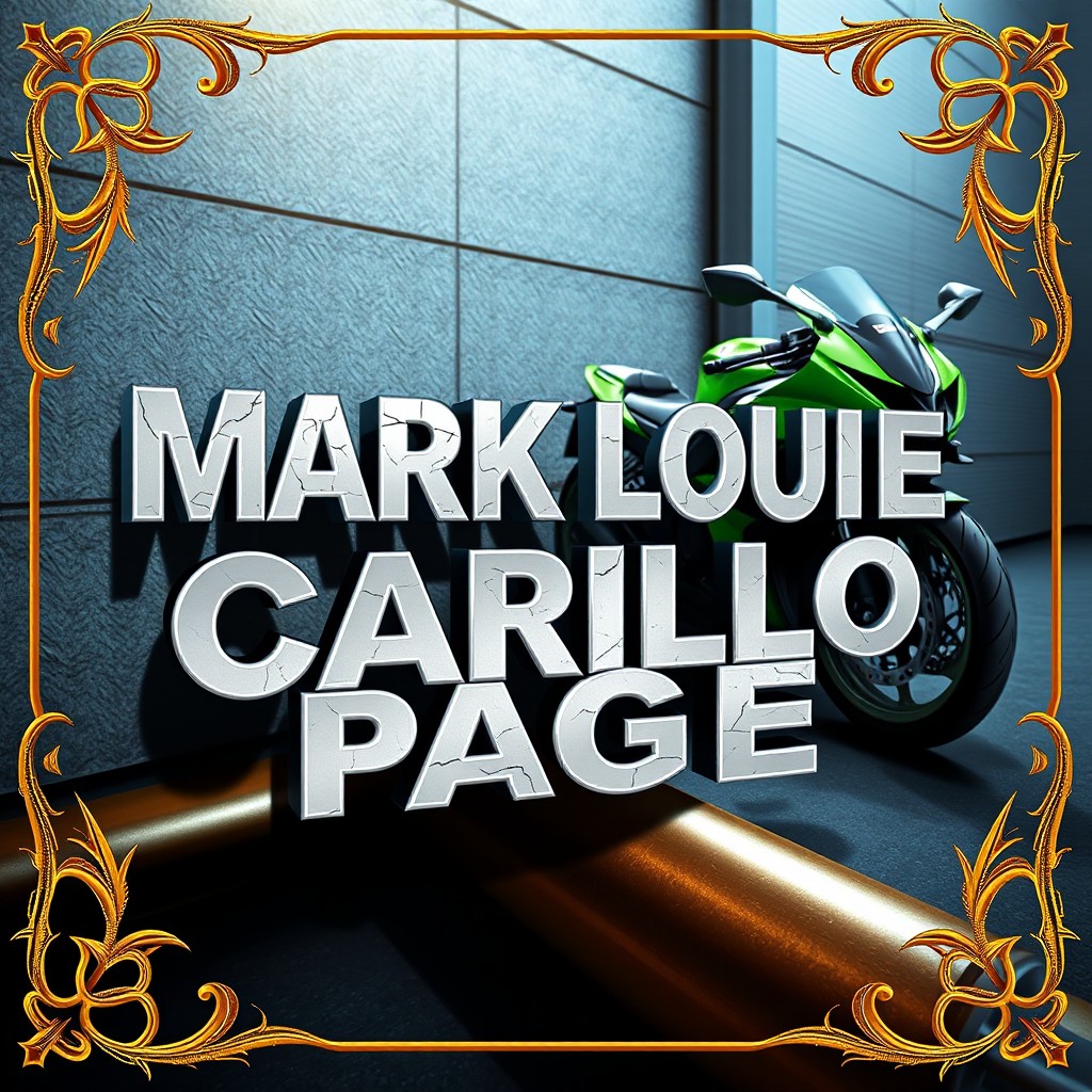 A 3D design featuring the name "MARK LOUIE CARILLO PAGE" in a hard metallic silver crack font