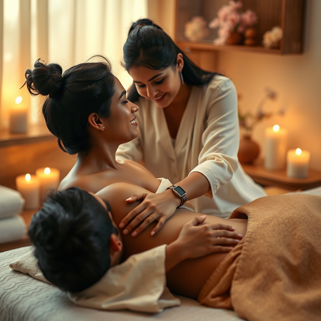 A serene and intimate setting with a beautiful Malayali actress, Sona Nair, elegantly giving a nurturing body massage to her young boyfriend