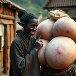 In a medieval village, a young, malicious-looking black woman with very dark skin and a short, malnourished frame has sharp, crooked teeth and elf-like ears