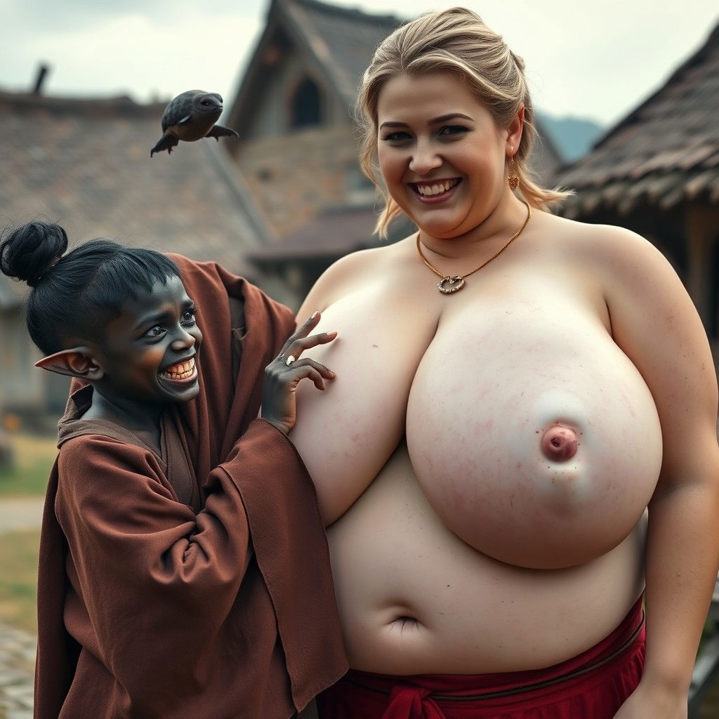 In a medieval village, a young, malicious-looking black woman with very dark skin, short stature, and a frail body has sharp, crooked teeth and elf-like ears