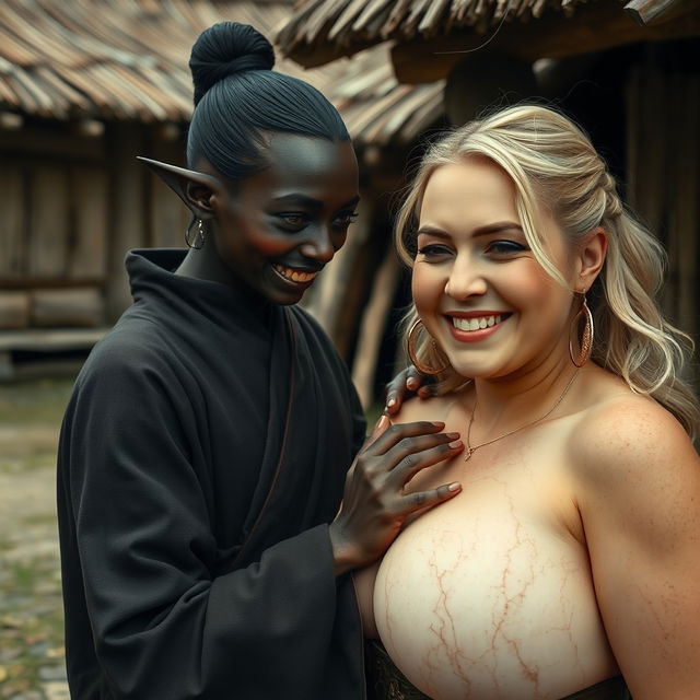 In a medieval village, a young, malevolent black woman, with a very dark complexion and petite stature, appears disheveled with sharp, rotten teeth and pointed elf-like ears