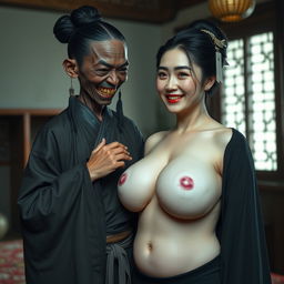 In a medieval Chinese bedroom, a young evil-looking Chinese woman with a dark complexion, short stature, and a malnourished appearance stands menacingly