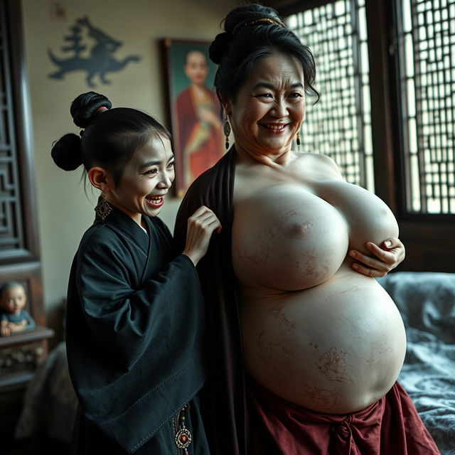 In a medieval Chinese bedroom, a young, malicious, and unattractive Chinese woman with a very short, emaciated physique, sharp, rotten teeth, and wearing a long, fully-closed Buddhist robe stands out