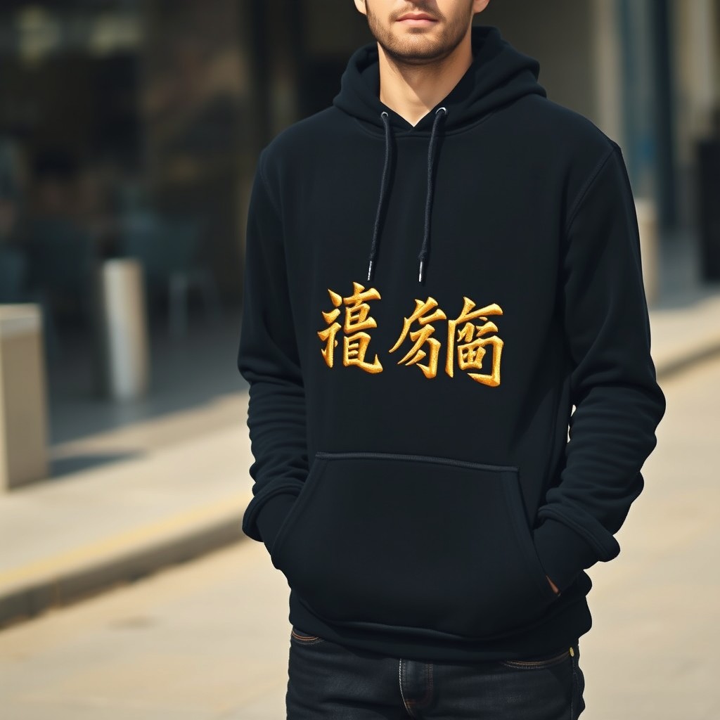 A man standing confidently in a black hoodie, the front of the hoodie features the word 'مُسَافِر' elegantly embroidered in golden thread