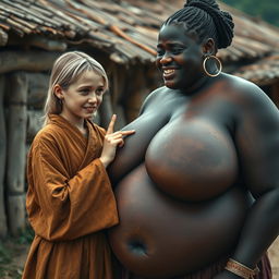 In a poor medieval village, a young blonde woman, noticeably short and malnourished with decayed teeth, is dressed in a long, fully closed Buddhist robe