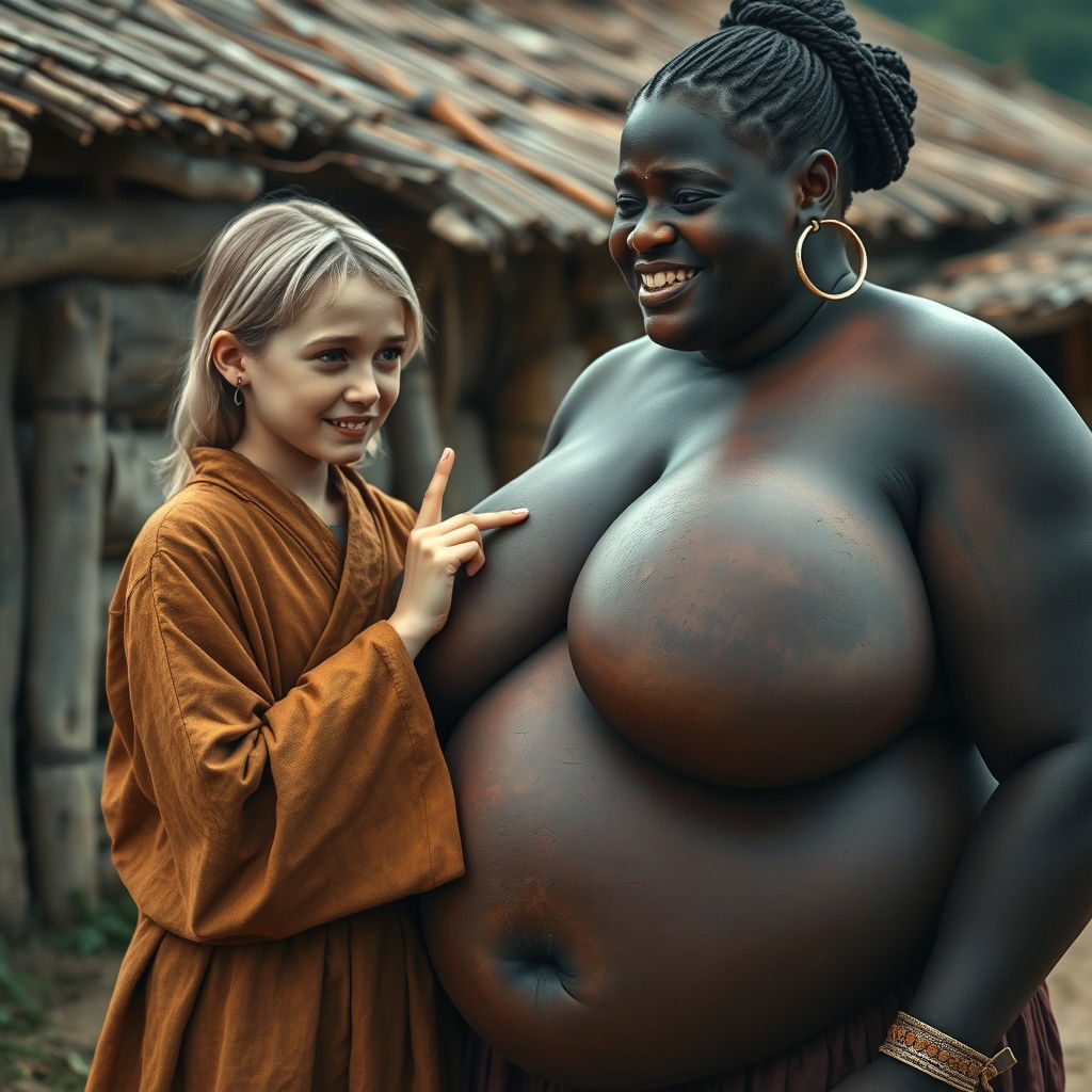 In a poor medieval village, a young blonde woman, noticeably short and malnourished with decayed teeth, is dressed in a long, fully closed Buddhist robe