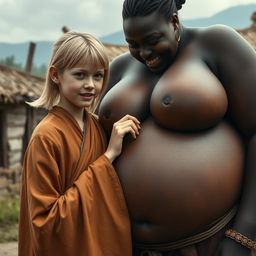 In a poor medieval village, a young blonde woman, noticeably short and malnourished with decayed teeth, is dressed in a long, fully closed Buddhist robe