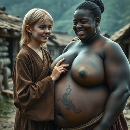 In a poor medieval village, a young blonde woman, noticeably short and malnourished with decayed teeth, is dressed in a long, fully closed Buddhist robe