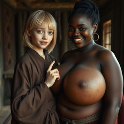 Inside a medieval room, a young blonde woman, notably short and malnourished with decayed teeth and striking blue eyes, is dressed in a long, fully closed Buddhist robe