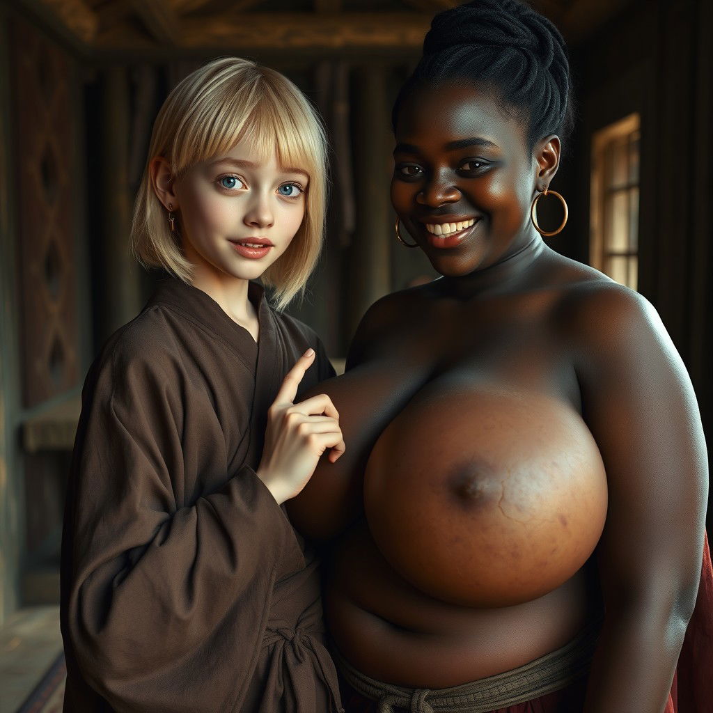 Inside a medieval room, a young blonde woman, notably short and malnourished with decayed teeth and striking blue eyes, is dressed in a long, fully closed Buddhist robe