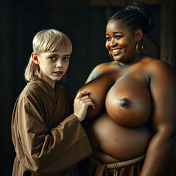 Inside a medieval room, a young blonde woman, notably short and malnourished with decayed teeth and striking blue eyes, is dressed in a long, fully closed Buddhist robe
