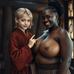 Inside a medieval room, a young blonde woman, notably short and malnourished with decayed teeth and striking blue eyes, is dressed in a long, fully closed Buddhist robe