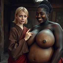 Inside a medieval room, a young blonde woman, notably short and malnourished with decayed teeth and striking blue eyes, is dressed in a long, fully closed Buddhist robe