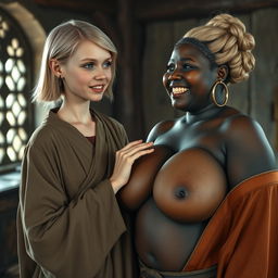 In a medieval room, a young blonde woman, short and emaciated with rotten teeth and blue eyes, wearing a long, closed Buddhist robe, her medium-length hair parted, adorned with medieval earrings